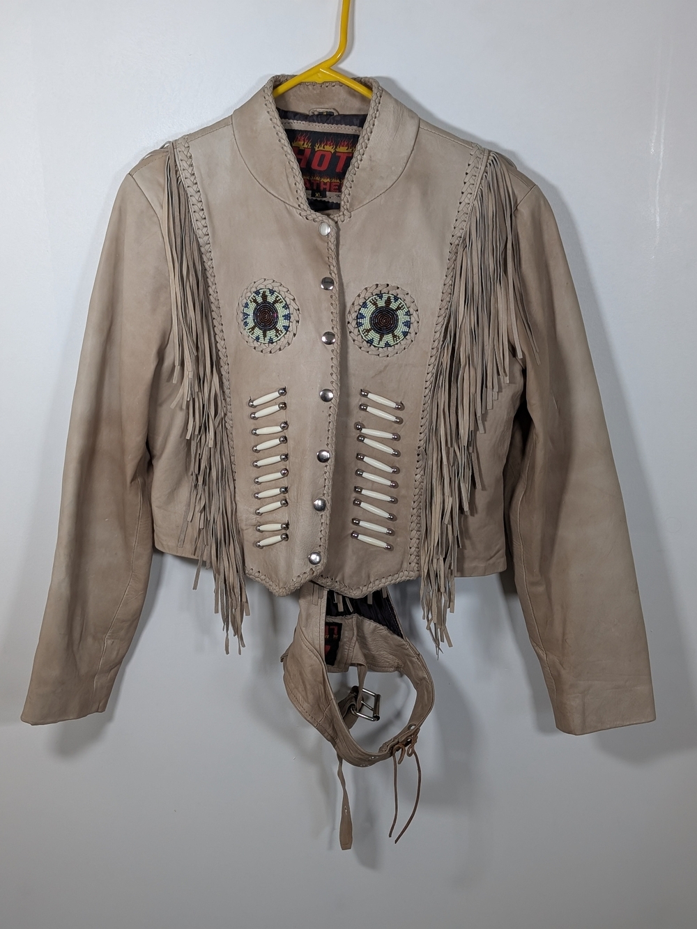 Hot Leathers XL Beige Leather Fringe Jacket with Riding Chaps w/ Beaded Conchos